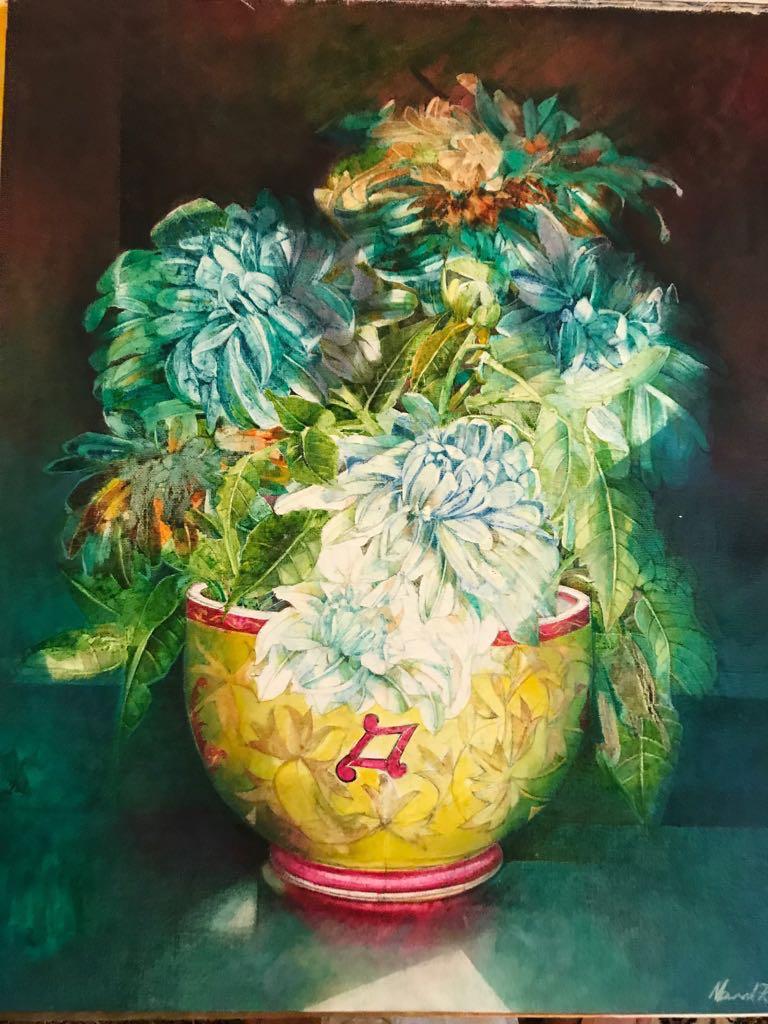 Mona Naqsh (b.1968). Mona selected flowers as the subject of her paintings learning still-life drawing and painting from her Father, Jamil Naqsh, the eminent modern painter of Pakistan. Mona the painter has a career spanning over twenty-five years. Her art features in articles, reviews and in conversation with section by authors/critics such as S.Amjad Ali, Lubna Agha, Dr.M.A.Siddiqui, Salwat Ali, Marjorie Husain, Mohsin S.Jaffri. In a biography book dedicated to the artist, she shares her private and studio life, comments on childhood and early influences, and training. A separate section features the artist´s collectors, list of plates and early exhibits. Mona's paintings have been described by art critics as classical. EMAIL: info@unicorngalleryblog.com